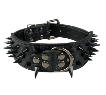 Black leather dog collar with black metal spikes, adjustable buckle, and padded interior