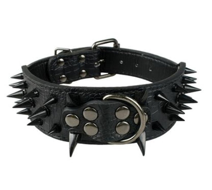 Black leather dog collar with black metal spikes, adjustable buckle, and padded interior