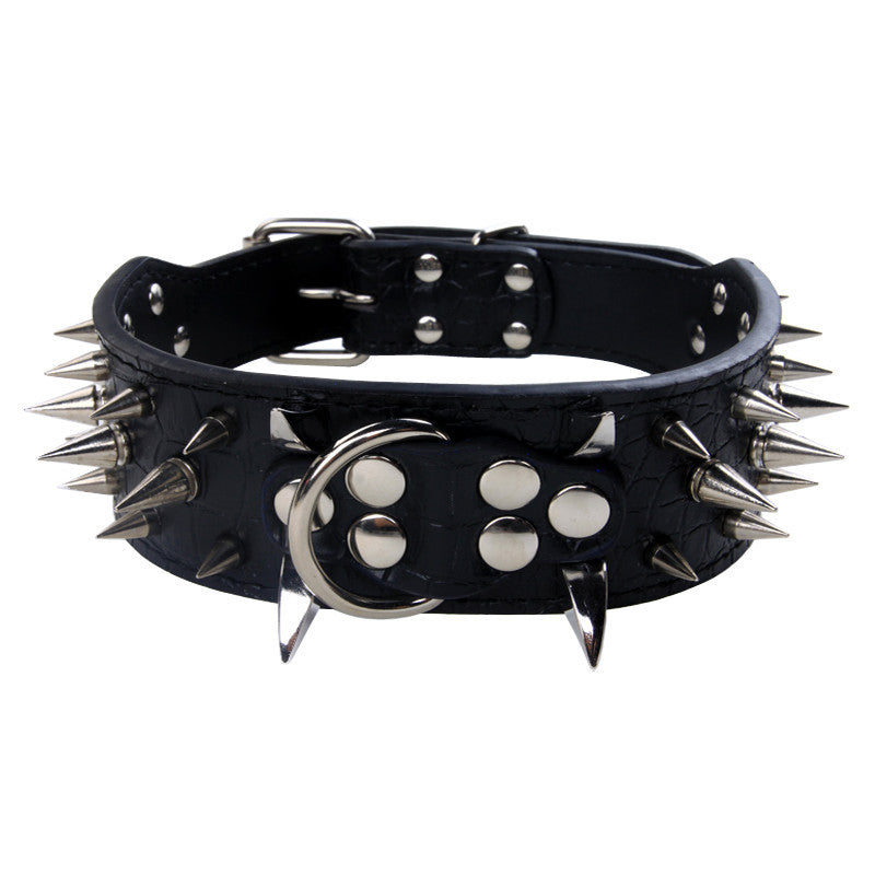 Black leather dog collar with silver spikes, metal studs, adjustable buckle, and padded interior