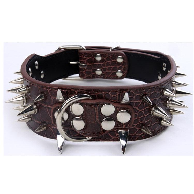 Brown leather dog collar with silver spikes, metal studs, and D-ring buckle