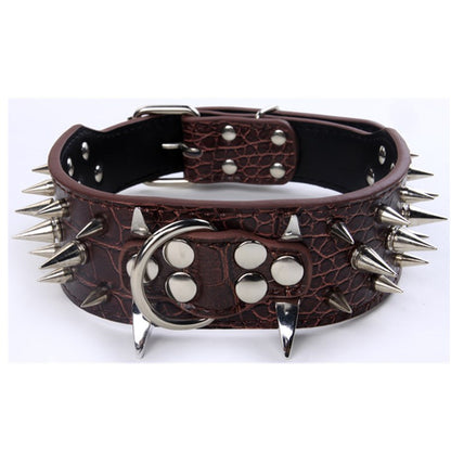Brown leather dog collar with silver spikes, metal studs, and D-ring buckle