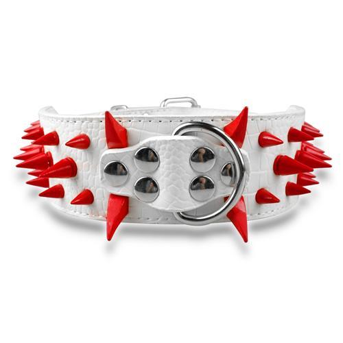 White leather dog collar with red spikes, silver buckle, and metal studs, adjustable and padded