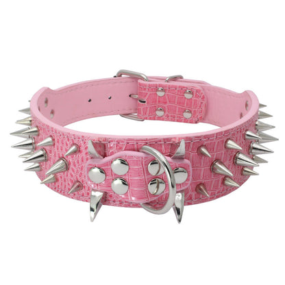 Pink crocodile leather dog collar with silver spikes and adjustable buckle