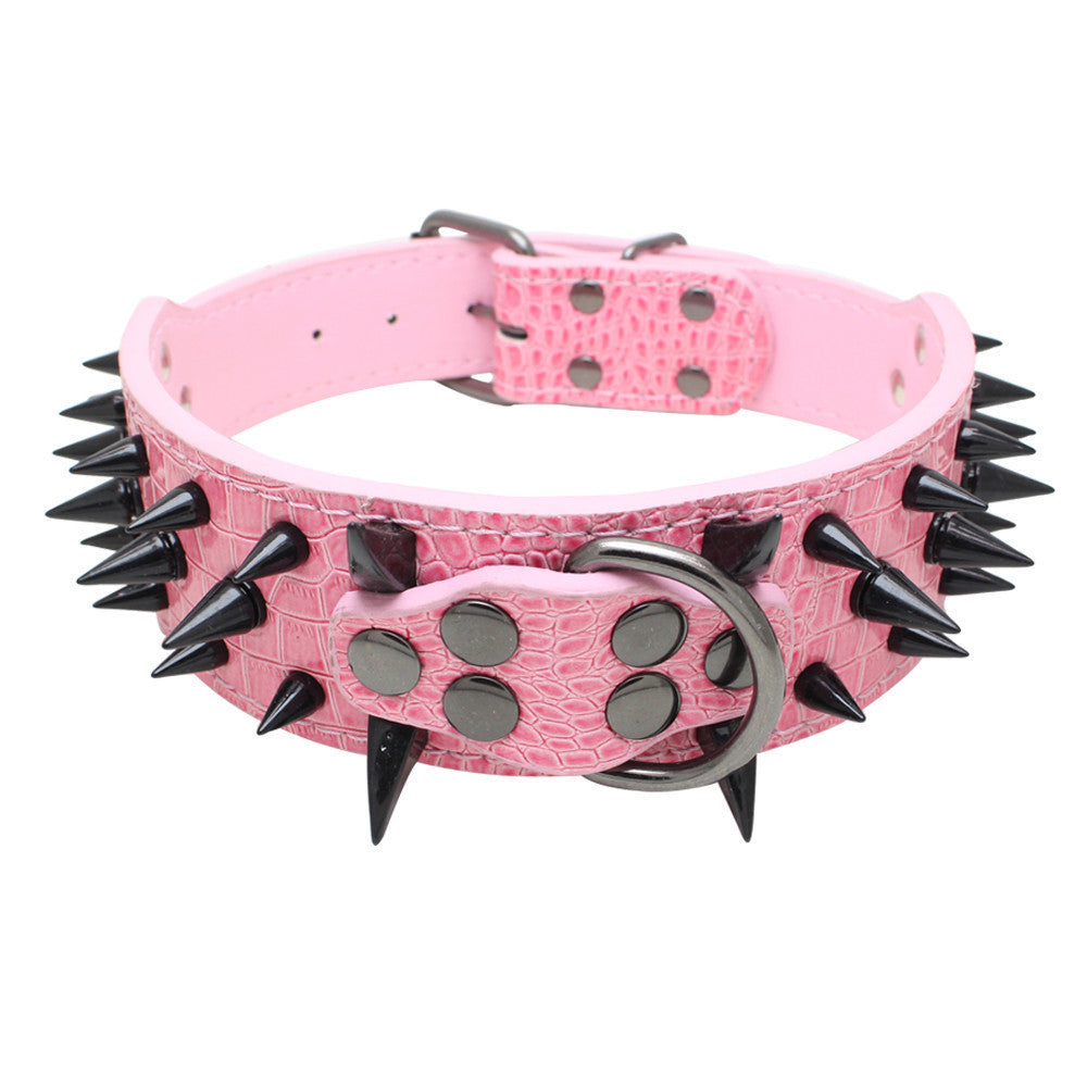 Adjustable pink leather dog collar with black spikes and riveted tough hardware
