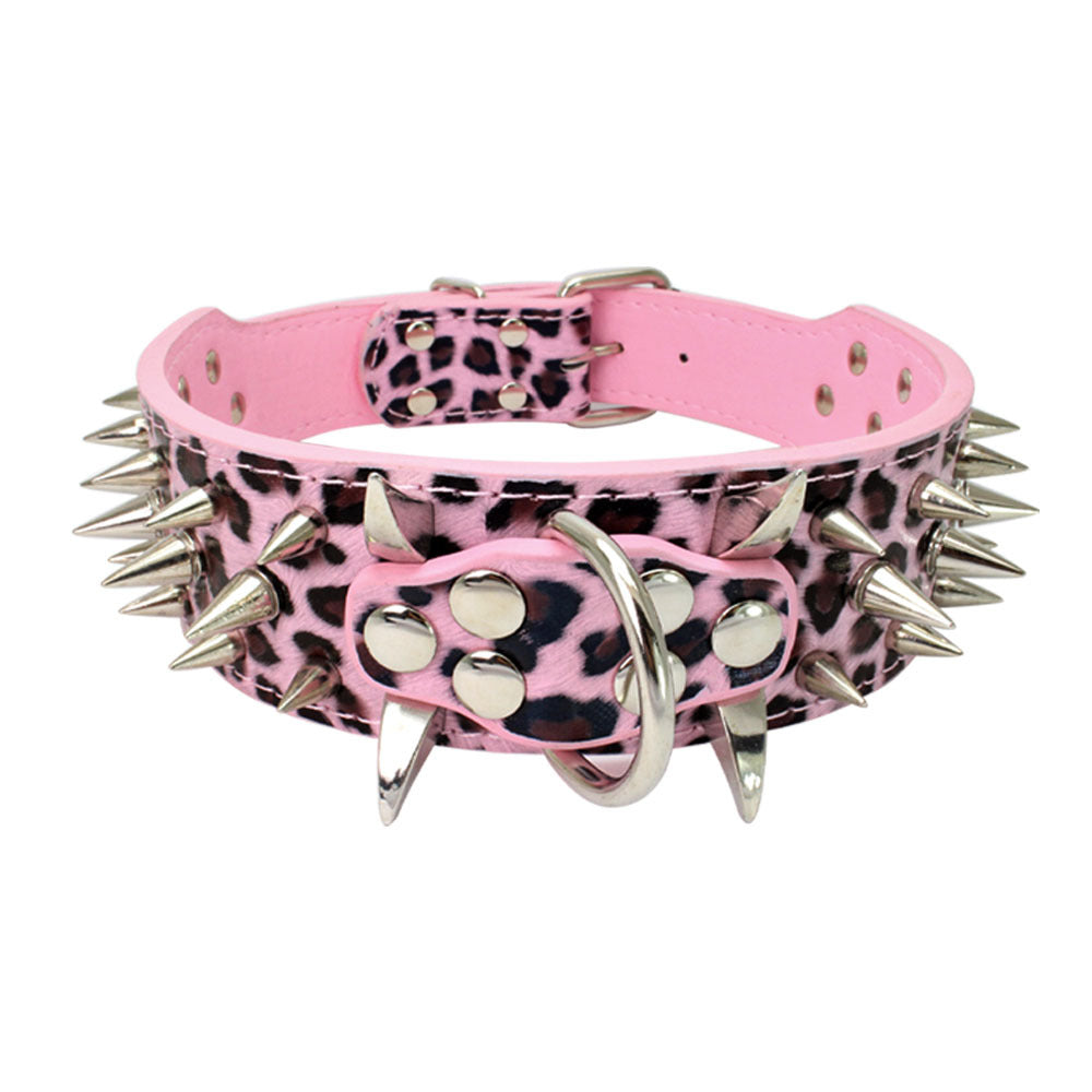 Pink leopard print leather dog collar with silver metal spikes and studs on white background
