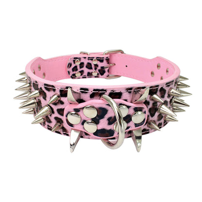 Pink leopard print leather dog collar with silver metal spikes and studs on white background