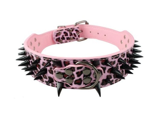 Pink leather dog collar with black spikes and leopard print design, adjustable with metal buckle