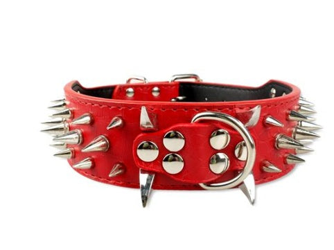 Red leather dog collar with adjustable buckle, silver spikes, and rivets for tough, stylish pet wear
