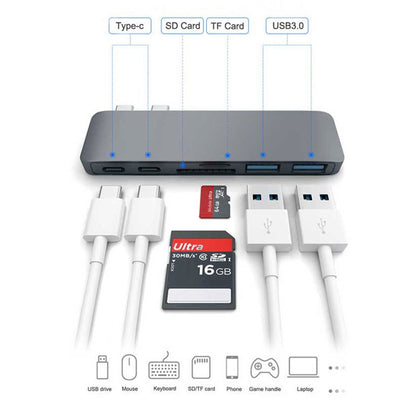 Gray Trendoligy USB-C hub with Type-C, SD, TF, USB 3.0 ports, compatible with MacBook accessories