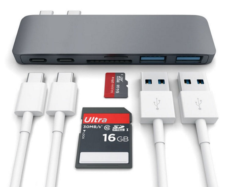 Gray Trendoligy USB-C hub with SD and TF card slots, two USB-C cables, two USB-A cables, SD and microSD cards
