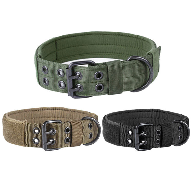 Adjustable padded nylon dog collars in green, tan, and black with metal buckles and D-rings