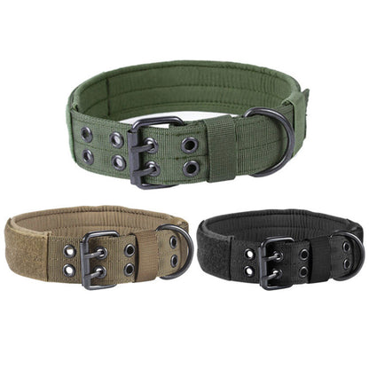 Adjustable padded nylon dog collars in green, tan, and black with metal buckles and D-rings