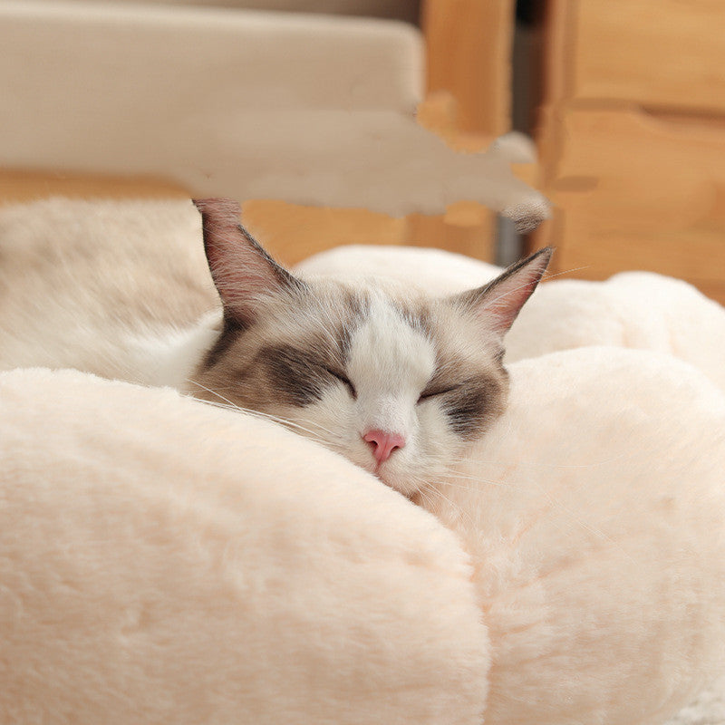 Sleeping cat with white and gray fur resting on a soft, plush, beige pet bed indoors