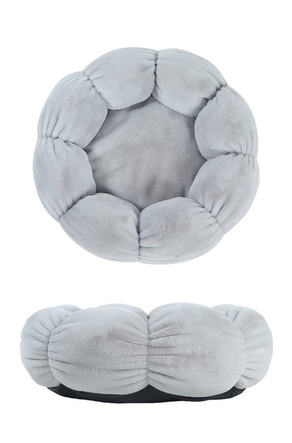 Soft gray plush flower-shaped pet bed with padded petals and cozy center, front and side views