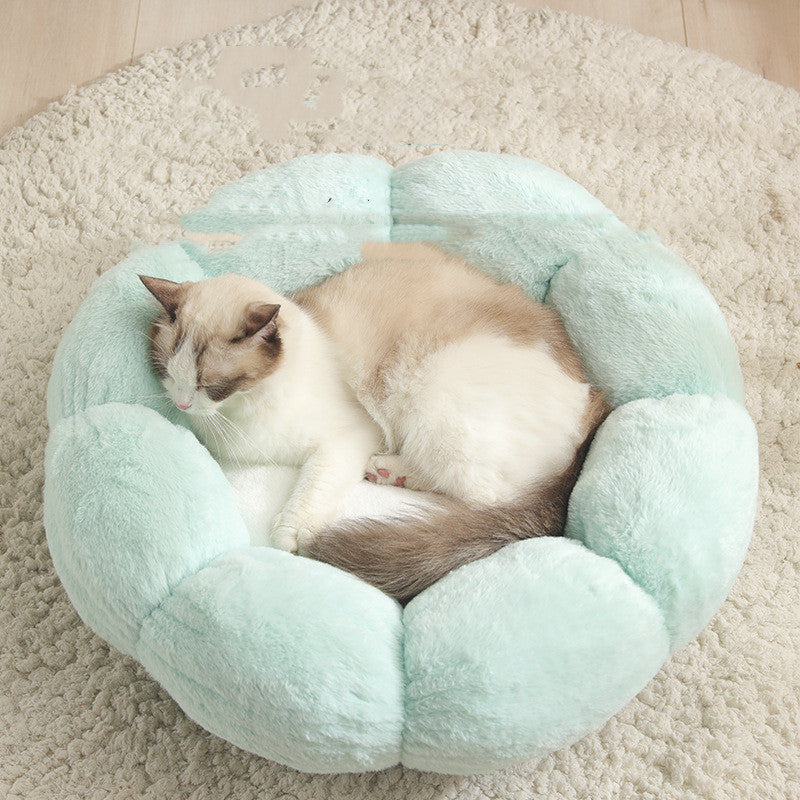 Siamese cat sleeping on soft, plush light green flower-shaped pet bed on beige carpet