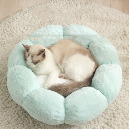 Siamese cat sleeping on soft, plush light green flower-shaped pet bed on beige carpet