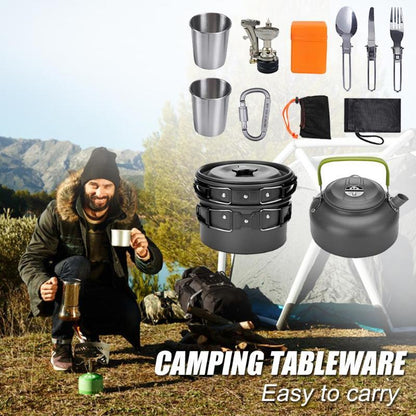 Camping cookware set with pots, kettle, stove, utensils, and cups displayed above a man camping outdoors
