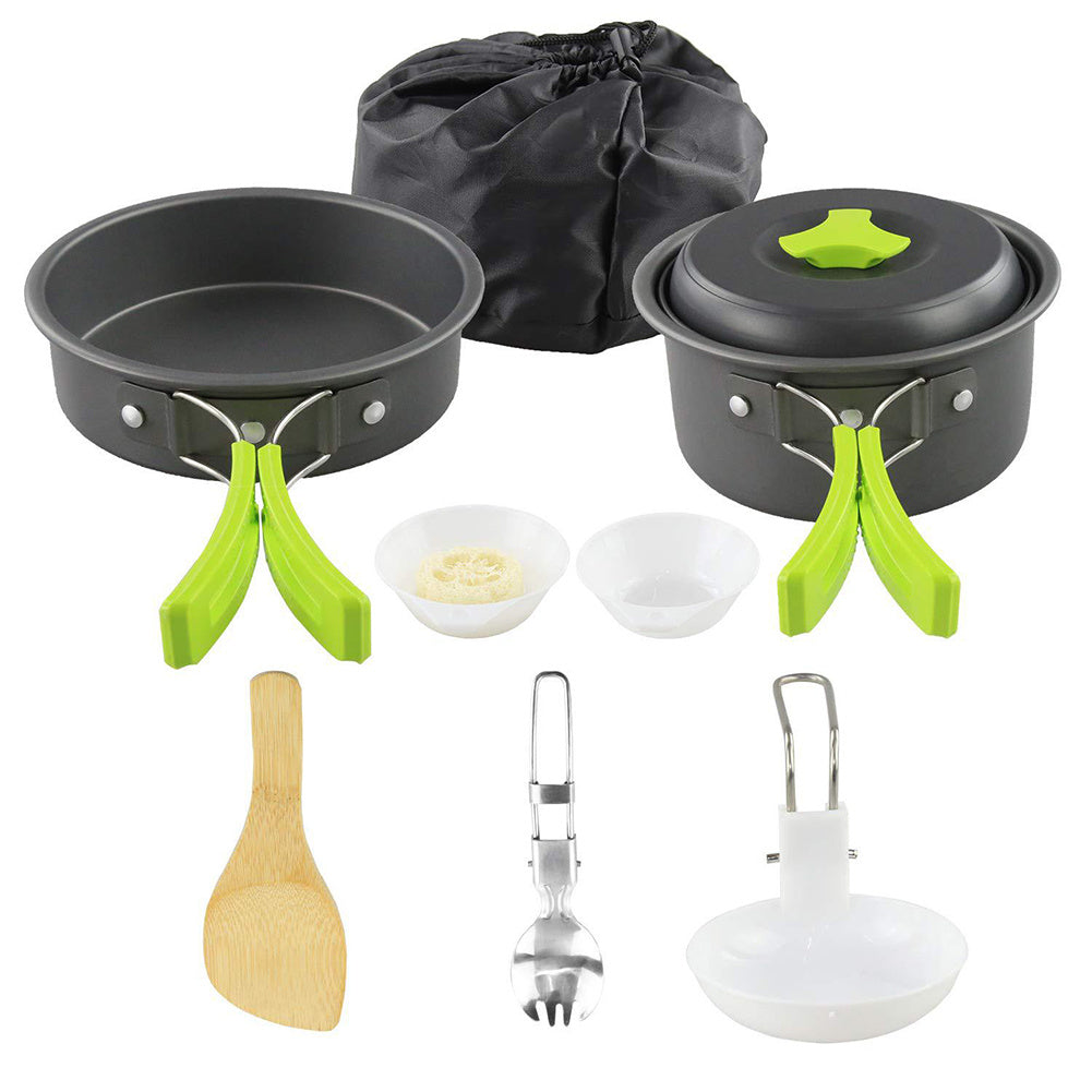 Lightweight green-handle aluminum camping cookware set with pot, pan, utensils, and carrying bag