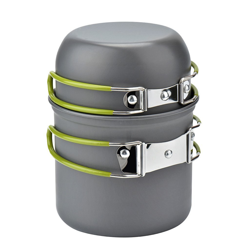 Lightweight gray aluminum camping cookware set with green heat-resistant handles