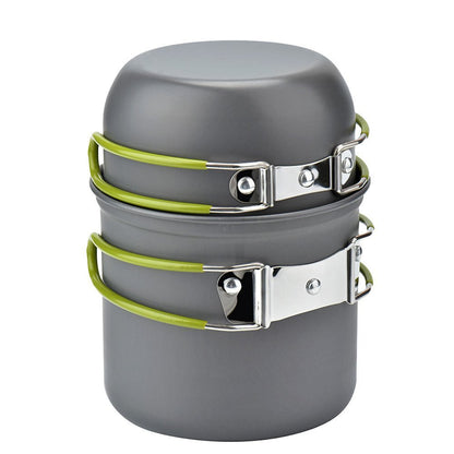 Lightweight gray aluminum camping cookware set with green heat-resistant handles