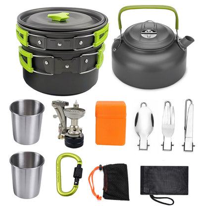 Lightweight green-handled camping cookware set with pots, kettle, stove, cups, utensils, carabiner, and carry bags