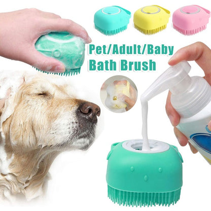 Green silicone pet bath brush with soft bristles and shampoo dispenser shown with dog during gentle grooming