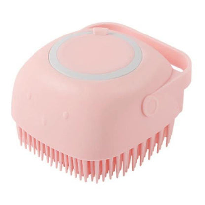 Pink silicone pet grooming brush with soft bristles and ergonomic handle for dog bath