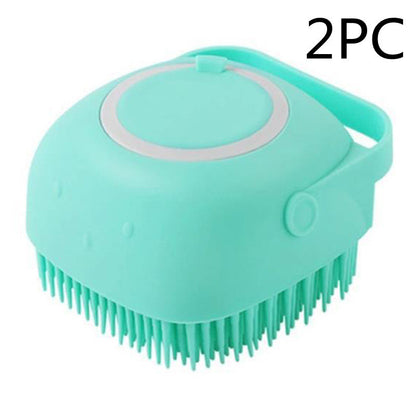 Mint green silicone pet grooming brush with soft bristles and handle, 2-piece set