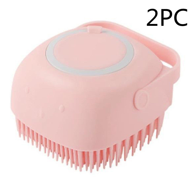 Pink silicone pet grooming brush with soft bristles and handle, 2-piece set