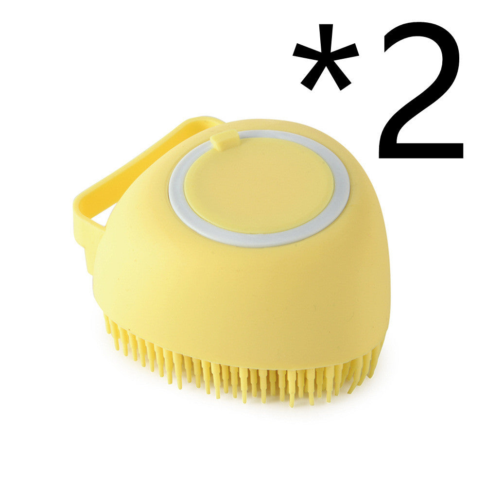 Yellow silicone pet grooming brush with soft bristles and handle, set of 2