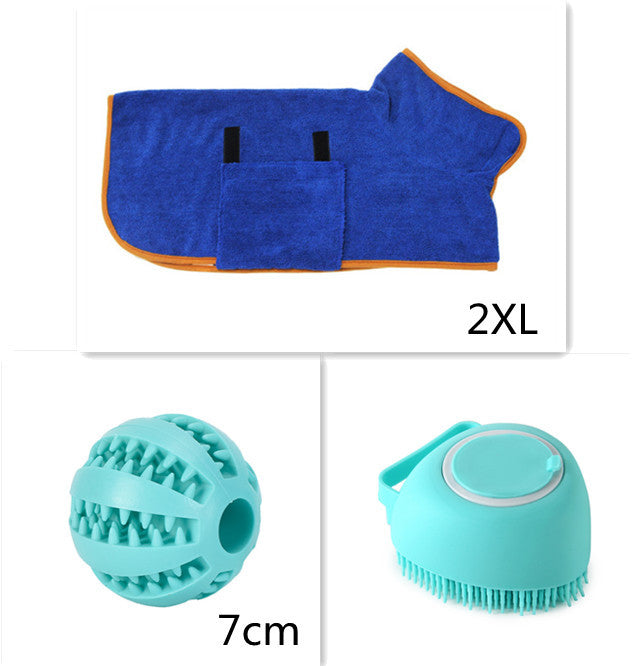 Blue microfiber dog drying robe with orange trim, plus two teal silicone pet grooming brushes