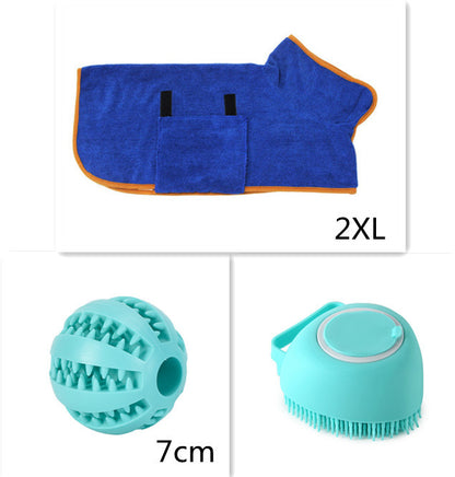 Blue microfiber dog drying robe with orange trim, plus two teal silicone pet grooming brushes