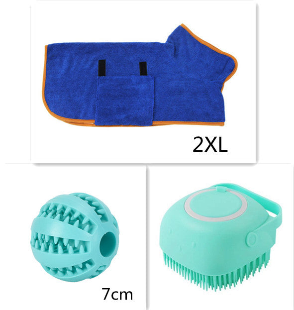 Blue dog bathrobe 2XL with orange trim and two silicone pet grooming brushes in blue