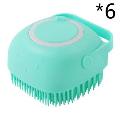Mint green silicone pet grooming brush with soft bristles and handle, for gentle dog bath