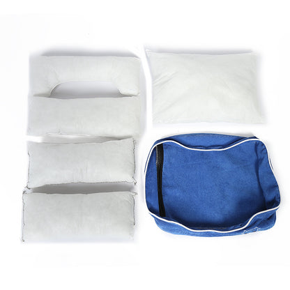 Disassembled blue dog bed with white foam cushions on white background