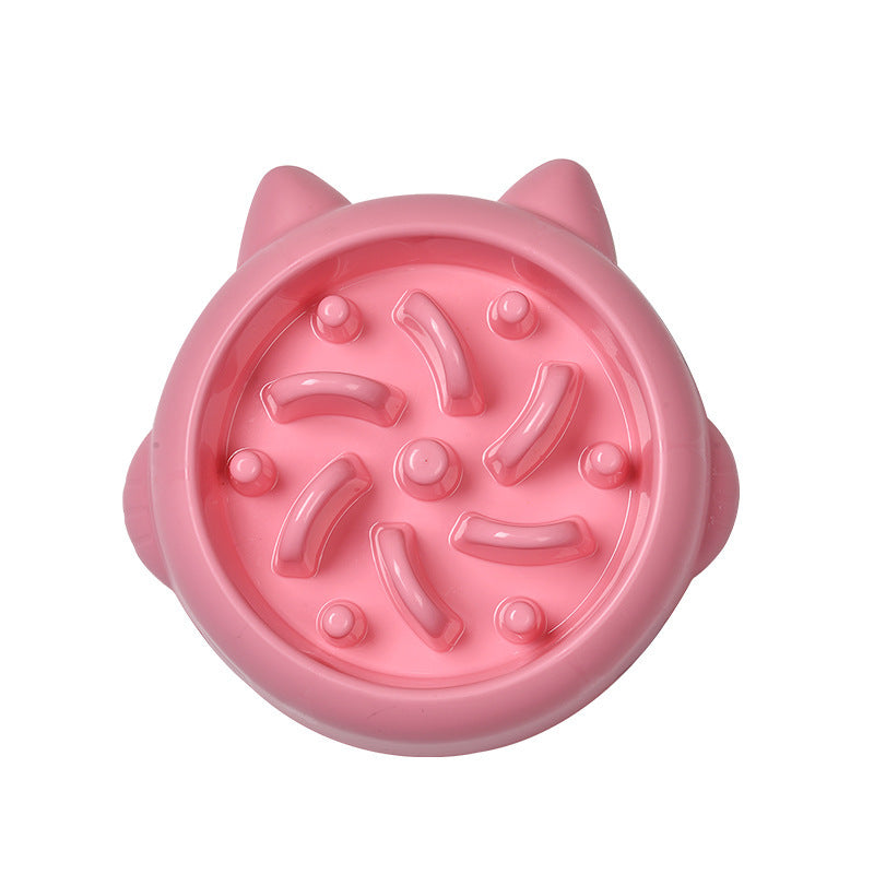 Top view of pink cat ear shaped slow feeder dog bowl with raised obstacles for anti gulping