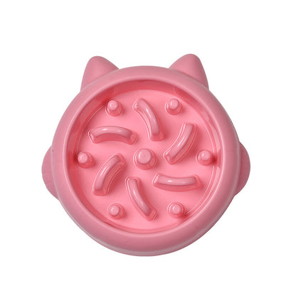 Top view of pink cat ear shaped slow feeder dog bowl with raised obstacles for anti gulping