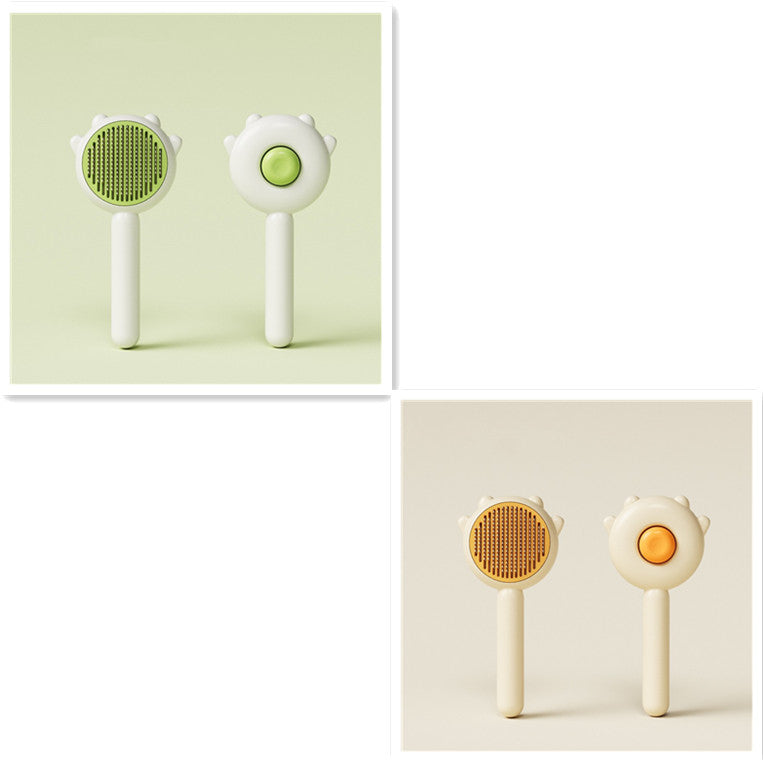 Two sets of pet grooming brushes for cats and dogs with green and orange rubber grip handles on plain backgrounds