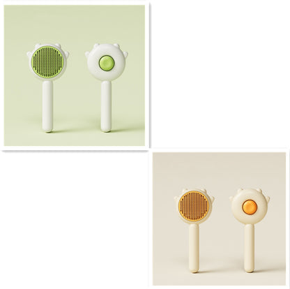 Two sets of pet grooming brushes for cats and dogs with green and orange rubber grip handles on plain backgrounds