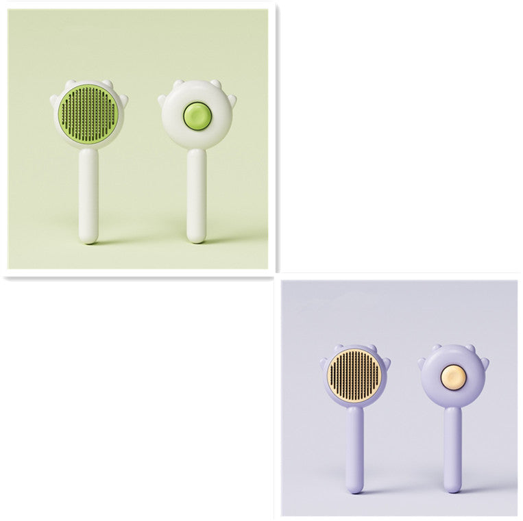 Two pet grooming brushes in green and purple with soft bristles and ergonomic handles