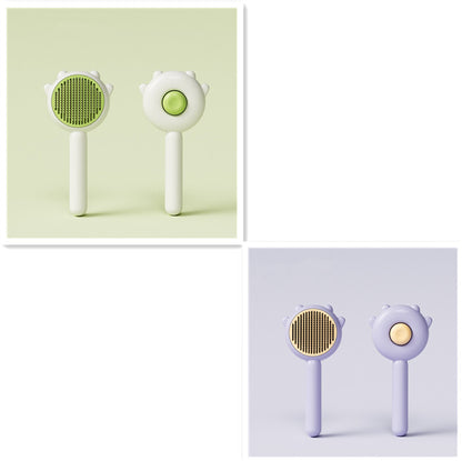 Two pet grooming brushes in green and purple with soft bristles and ergonomic handles