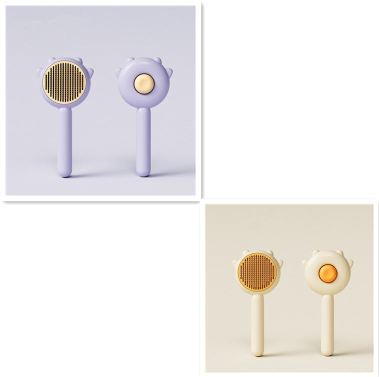 Two pet grooming brushes in pastel purple and cream colors with wooden bristles and ergonomic handles