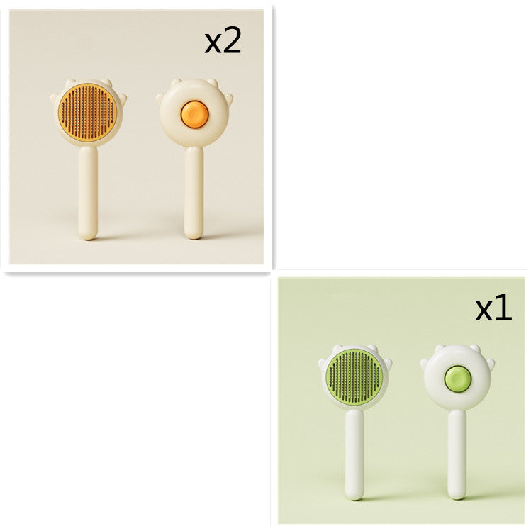 Set of three pet grooming brushes in beige with orange and white with green button for hair removal