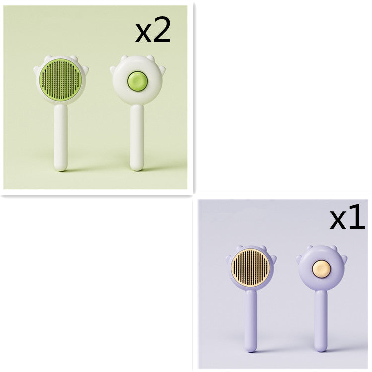 Set of pet grooming brushes with green and purple handles for dog and cat hair removal