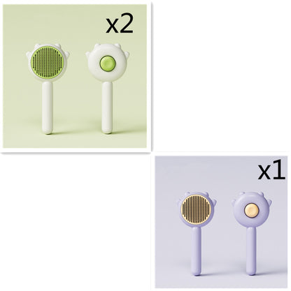 Set of pet grooming brushes with green and purple handles for dog and cat hair removal