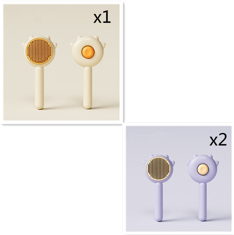 Set of three cat-shaped pet grooming brushes in beige and purple with soft bristles and solid handles