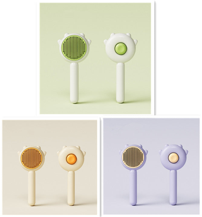 Three sets of Trendoligy pet grooming brushes in green, cream, and purple with rounded handles and spiked edges
