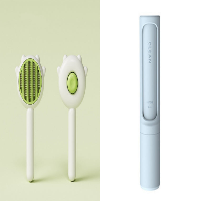 Green and white pet grooming brush and a white pet hair remover comb against a pale background