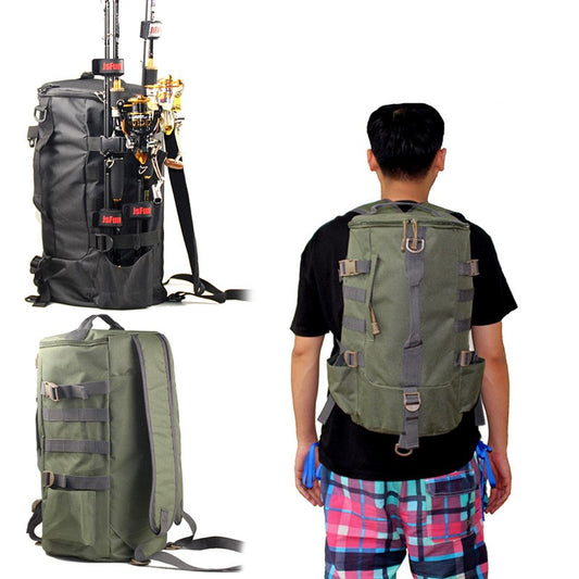 Green nylon fishing backpack with rod holders and multiple straps, shown worn and standalone