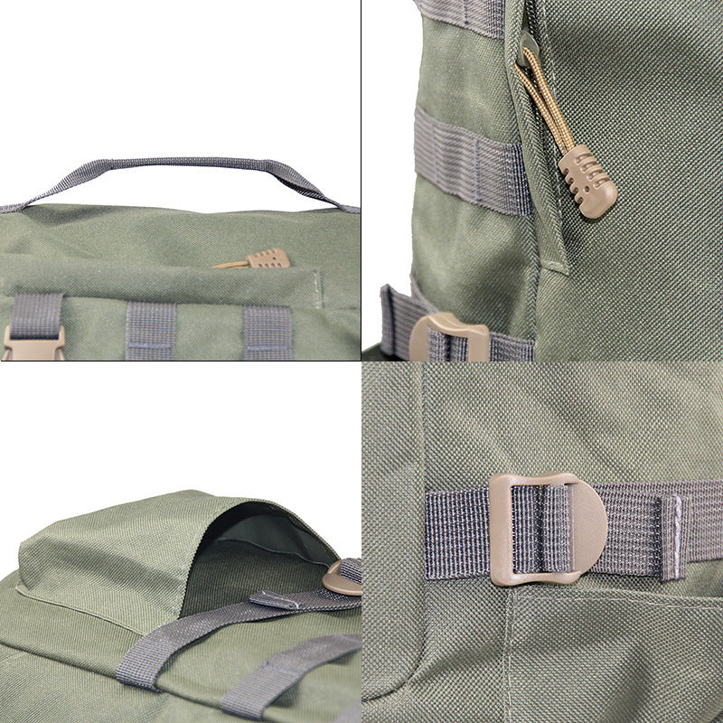 Close-up collage of green nylon fishing tackle bag with rod holder straps and buckle details
